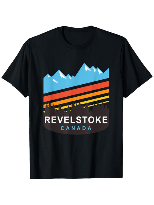 Men's Graphic T-Shirt Revelstoke Canada Retro Stripes With Stylized Blue Mountain Silhouette