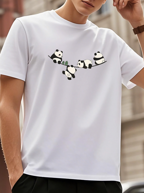 Men's Graphic T-Shirt Playful Pandas On A Branch Surrounded By Soft Green Leaves Panda