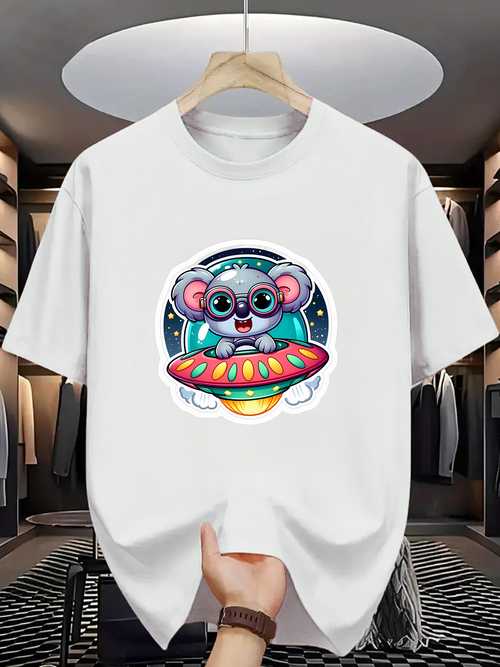 Men's Graphic T-Shirt Futuristic Cartoon Spaceship Floating With A Koala Surrounded By Stars