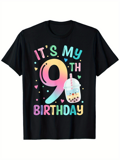 Men's Graphic T-Shirt Its My Ninth Birthday With Colorful Bubble Tea Drink Graphic