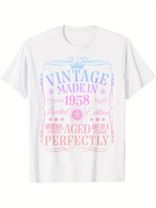 Men's Graphic T-Shirt Vintage Made In 1958 Pastel Typography Among Playful Decorative Stars Graphics