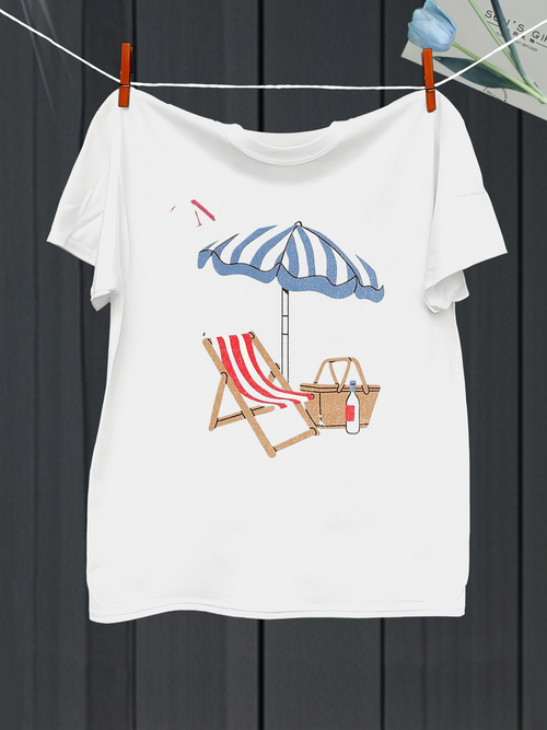 Men's Graphic T-Shirt Striped Parasol Over Picnic Basket With Sun Lounger Beach Chair