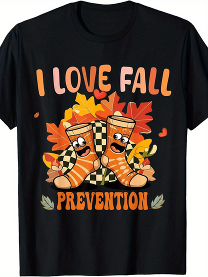 Men's Graphic T-Shirt I Love Fall Prevention With Playful Leaves And Cartoon Happy Socks