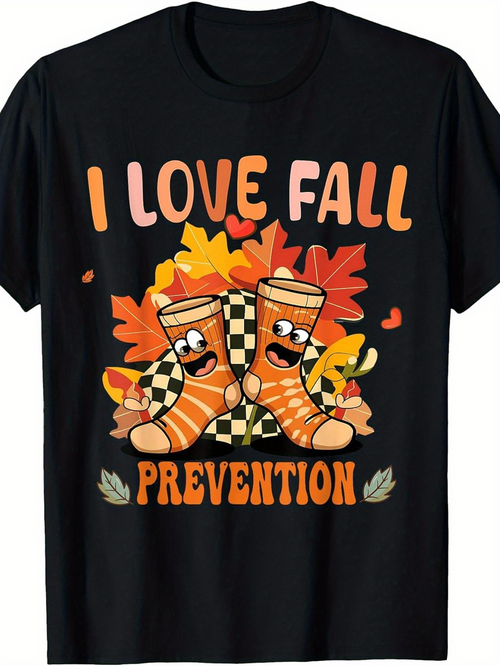 Men's Graphic T-Shirt I Love Fall Prevention With Playful Leaves And Cartoon Happy Socks