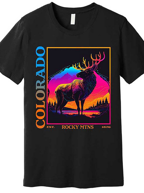 Men's Graphic T-Shirt Colorado Sunset Mountains With Majestic Elk Silhouette Standing Alone