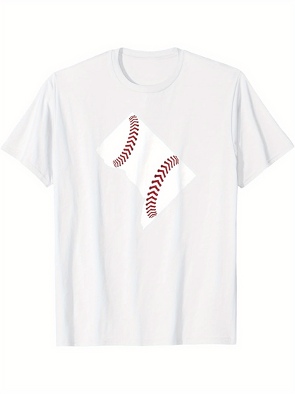 Men's Graphic T-Shirt Minimalist White Tee With Abstract Red Seam Baseball Design