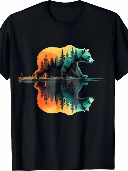 Men's Graphic T-Shirt Colorful Forest Sunset Reflected Lake With Majestic Walking Bear