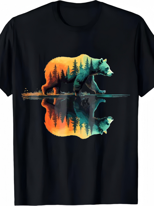 Men's Graphic T-Shirt Colorful Forest Sunset Reflected Lake With Majestic Walking Bear