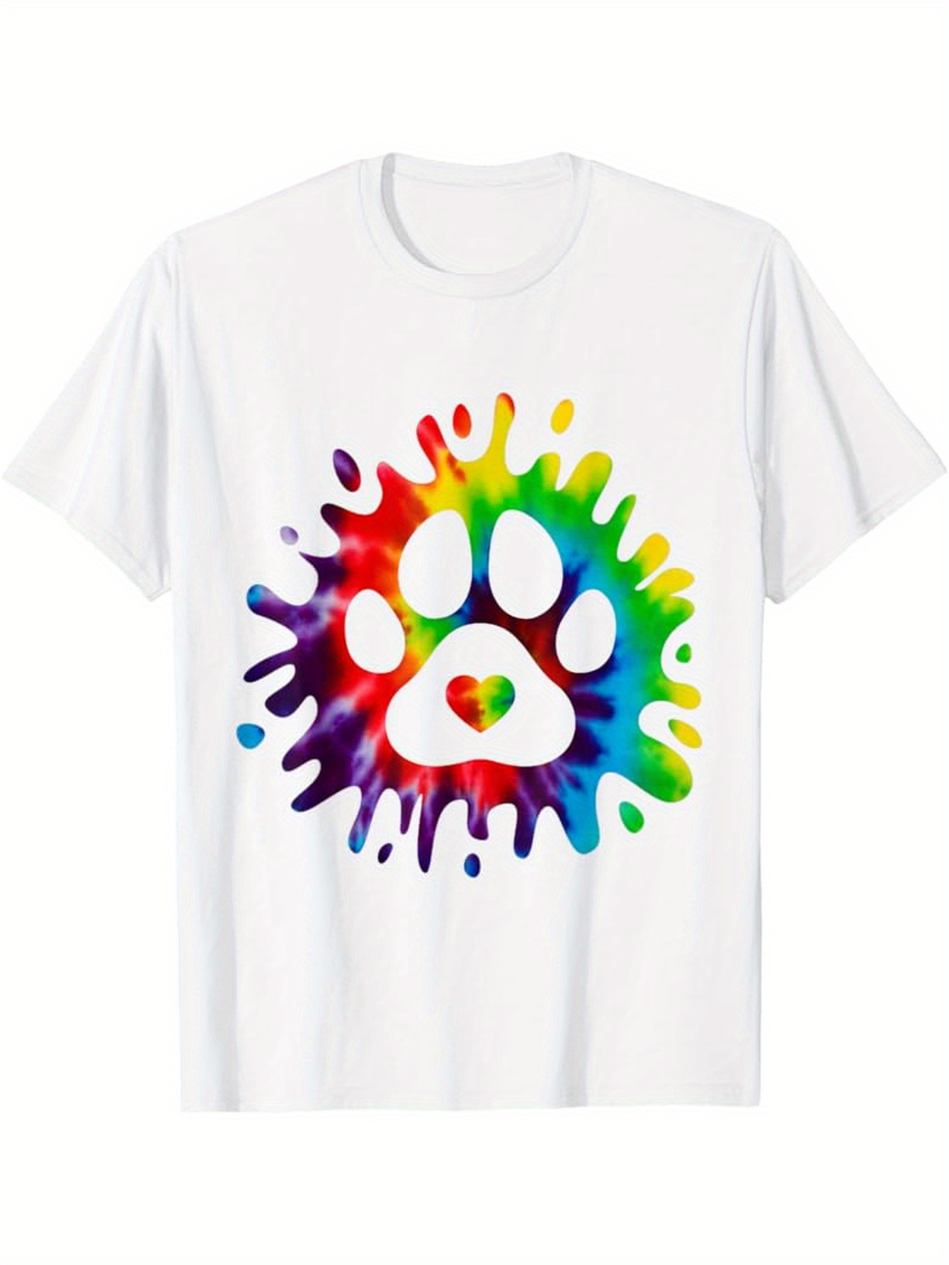 Men's Graphic T-Shirt Vivid Rainbow Paint Splash With Vibrant Colors Radiating Around A Paw Print