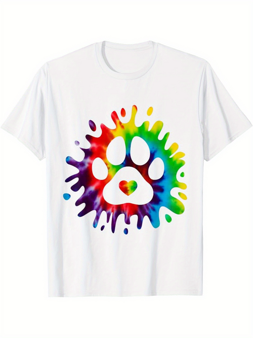 Men's Graphic T-Shirt Vivid Rainbow Paint Splash With Vibrant Colors Radiating Around A Paw Print