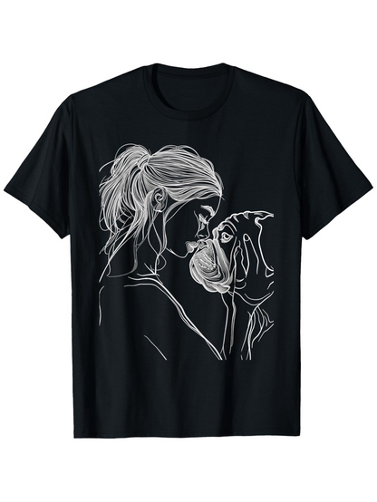 Men's Graphic T-Shirt Elegant White Line Art Woman With Adorable Bulldog Dog Portrait