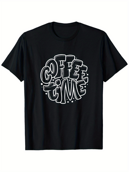 Men's Graphic T-Shirt Coffee Time Bold White Bubble Lettering Surrounded By Playful Dots On Black Shirt