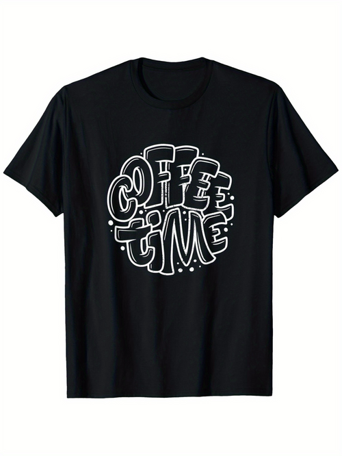 Men's Graphic T-Shirt Coffee Time Bold White Bubble Lettering Surrounded By Playful Dots On Black Shirt