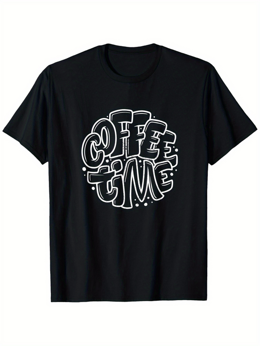 Men's Graphic T-Shirt Coffee Time Bold White Bubble Lettering Surrounded By Playful Dots On Black Shirt