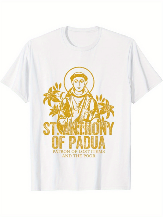 Men's Graphic T-Shirt Saint Anthony Of Padua Surrounded By Olive Branches Golden Religious Figure