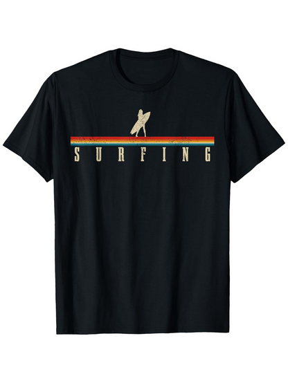 Men's Graphic T-Shirt Surfing Retro Horizontal Stripes With Minimalist Iconic Surfboard