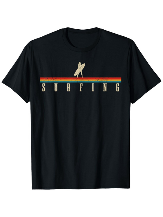 Men's Graphic T-Shirt Surfing Retro Horizontal Stripes With Minimalist Iconic Surfboard