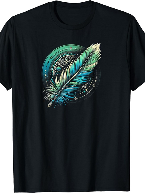 Men's Graphic T-Shirt Celestial Swirls With Turquoise And Gold Feather Dreamy Night Feather