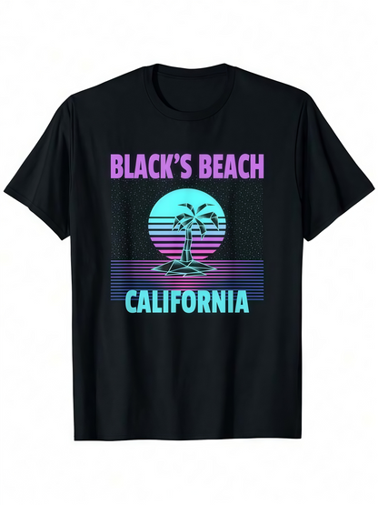 Men's Graphic T-Shirt Blacks Beach California With Palm Tree Retro Sunset Scene