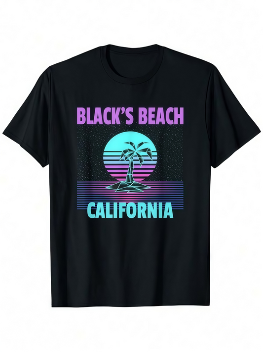 Men's Graphic T-Shirt Blacks Beach California With Palm Tree Retro Sunset Scene