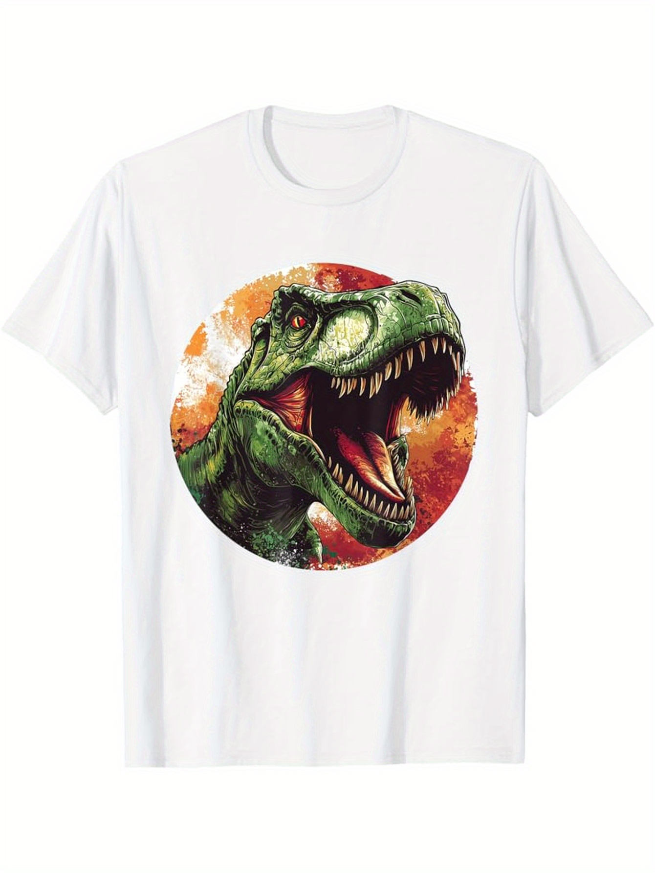 Men's Graphic T-Shirt Fiery Sunset Circle With Roaring Green Ferocious Dinosaur Head