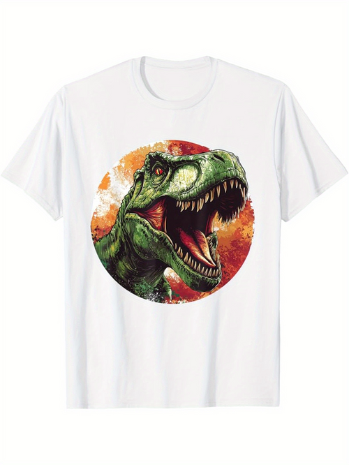 Men's Graphic T-Shirt Fiery Sunset Circle With Roaring Green Ferocious Dinosaur Head
