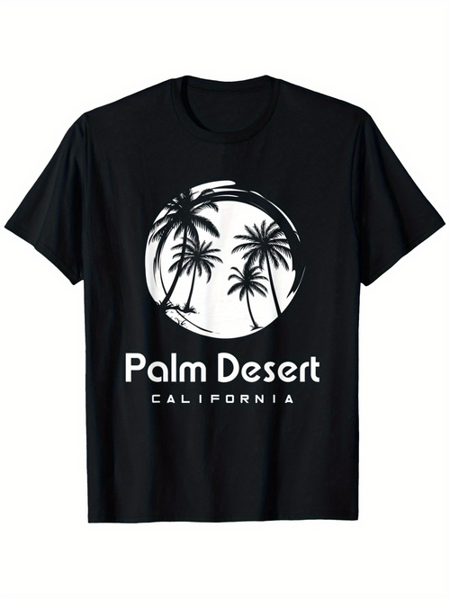 Men's Graphic T-Shirt Palm Desert California Sunrise With Swirling Lines Framing Palm Trees
