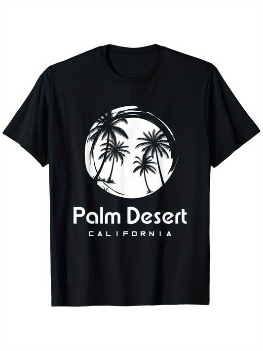 Men's Graphic T-Shirt Palm Desert California Sunrise With Swirling Lines Framing Palm Trees