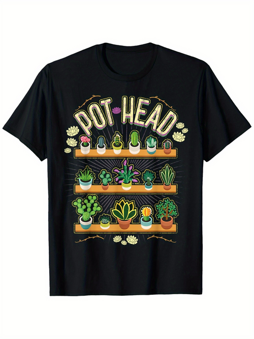 Men's Graphic T-Shirt Pot Head Assorted Houseplants Sitting On Wooden Shelf