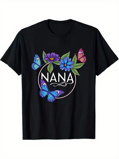 Men's Graphic T-Shirt Nana Surrounded By Blue And Purple Flowers With Colorful Butterflies