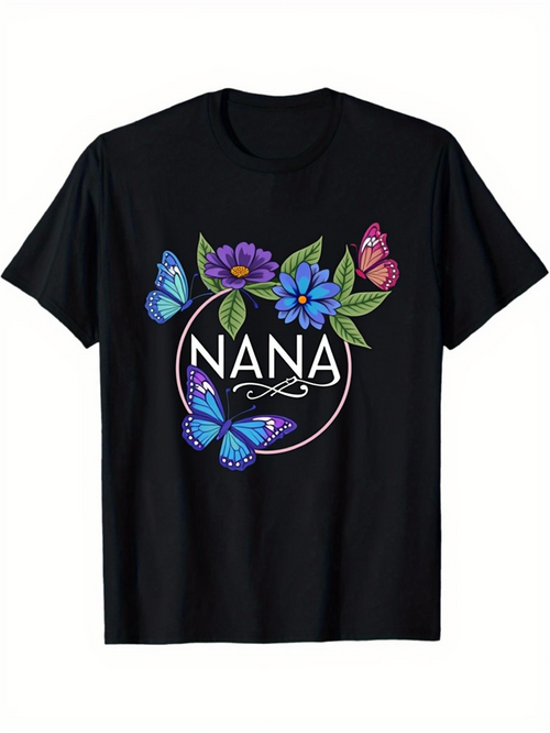 Men's Graphic T-Shirt Nana Surrounded By Blue And Purple Flowers With Colorful Butterflies