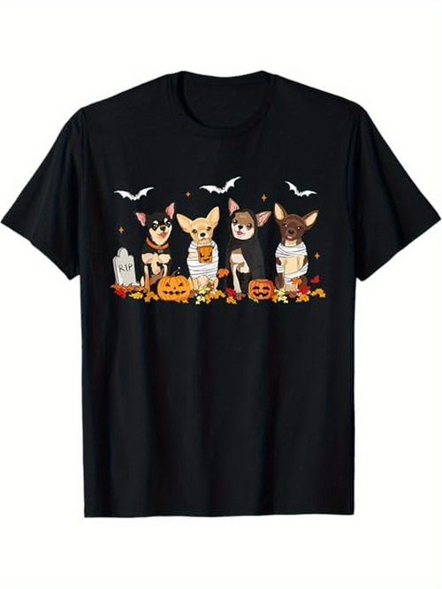 Men's Graphic T-Shirt Halloween Pumpkins With Cute Dogs And Playful Bats Under Night Sky