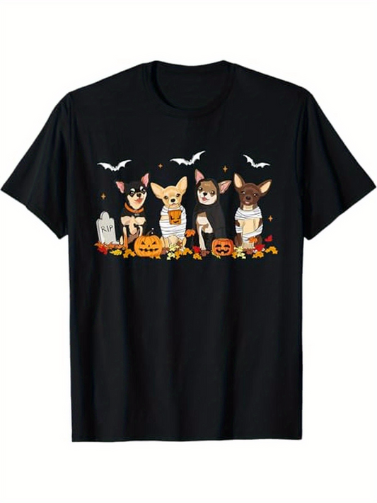 Men's Graphic T-Shirt Halloween Pumpkins With Cute Dogs And Playful Bats Under Night Sky