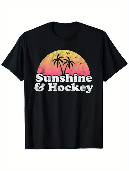 Men's Graphic T-Shirt Sunshine Hockey Palm Trees With Sunset And Flying Birds