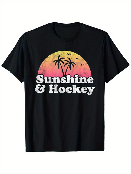 Men's Graphic T-Shirt Sunshine Hockey Palm Trees With Sunset And Flying Birds