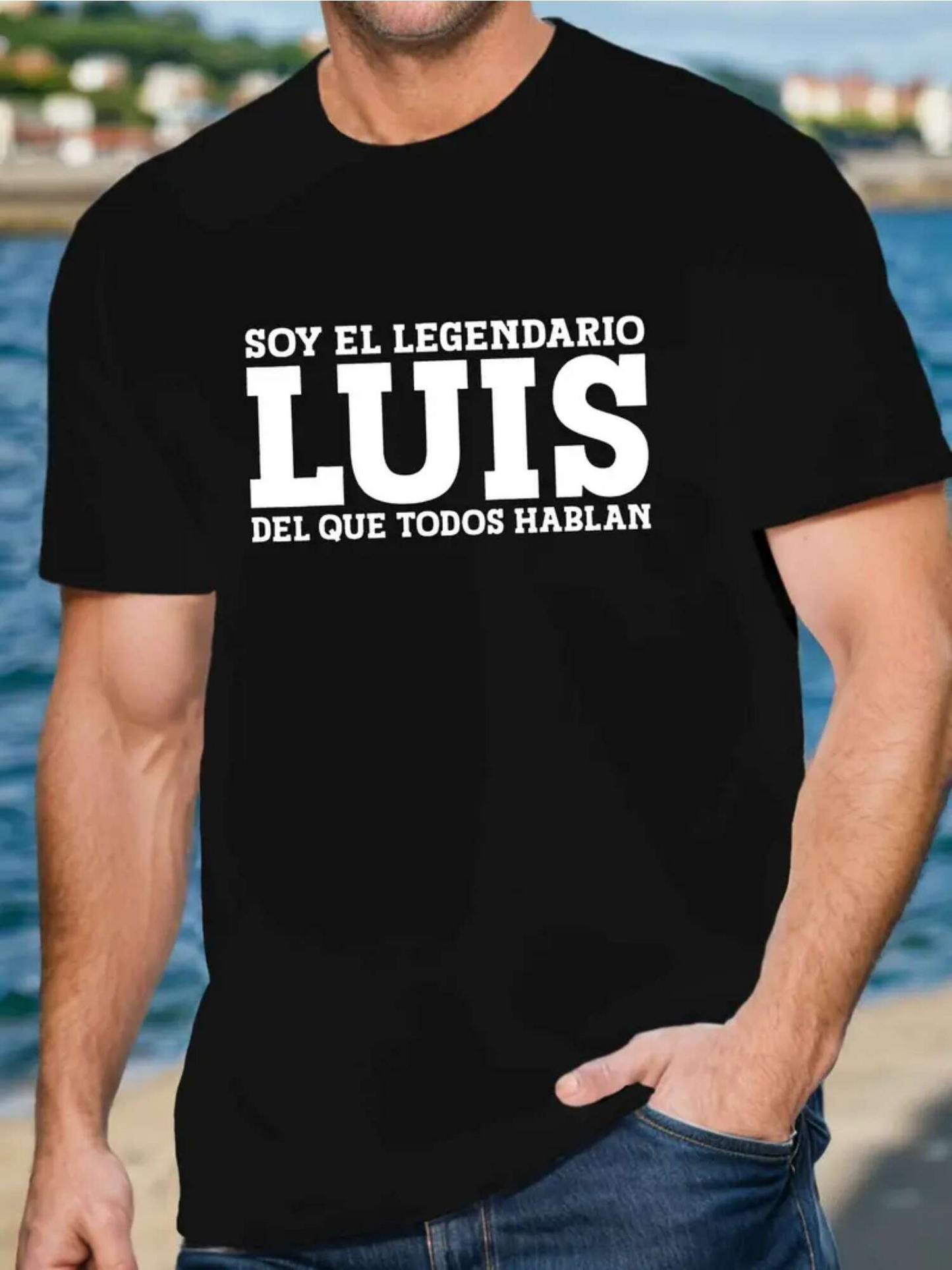 Men's Graphic T-Shirt Luis Bold White Letters With Simple Statement On Classic Black Shirt