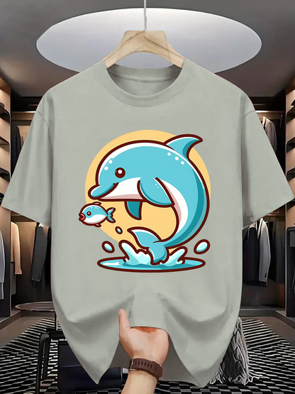 Men's Graphic T-Shirt Joyful Blue Dolphins Splashing In Vibrant Cartoon Ocean Setting Dolphin