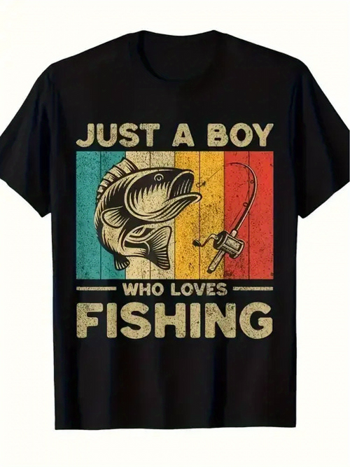 Men's Graphic T-Shirt Just A Boy Who Loves Fishing Vintage Stripes With Fishing Rod And Fish