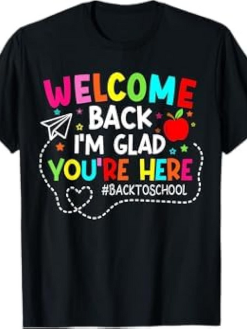 Men's Graphic T-Shirt Welcome Back Im Glad Youre Here Colorful Letters With Apple And Paper Airplane School Shirt