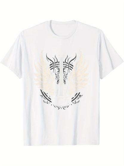 Men's Graphic T-Shirt Abstract Tribal Winged Horns And Feathers Surrounding Central Skull