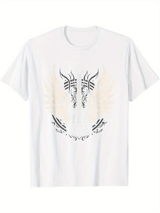 Men's Graphic T-Shirt Abstract Tribal Winged Horns And Feathers Surrounding Central Skull