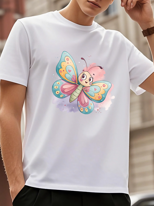 Men's Graphic T-Shirt Colorful Pastel Wings On Whimsical Smiling Cartoon Butterfly