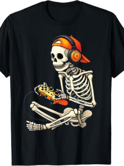 Men's Graphic T-Shirt Vintage Skeleton Wearing Headphones And Playing Video Game Controller