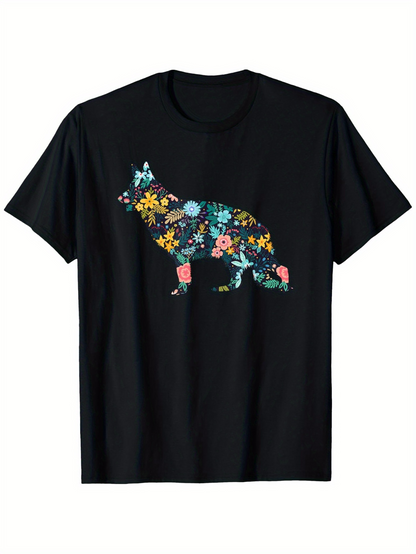 Men's Graphic T-Shirt Vibrant Wild Flowers Blooming Within Silhouette Of Howling Wolf