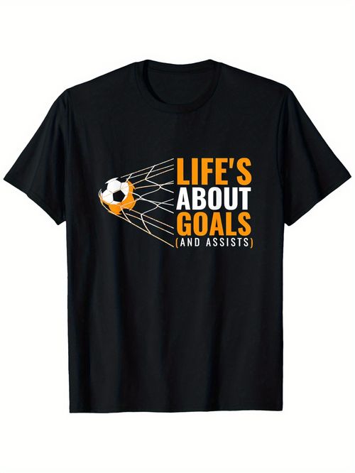 Men's Graphic T-Shirt Lifes About Goals And Assists With Flying Soccer Ball Hitting Net