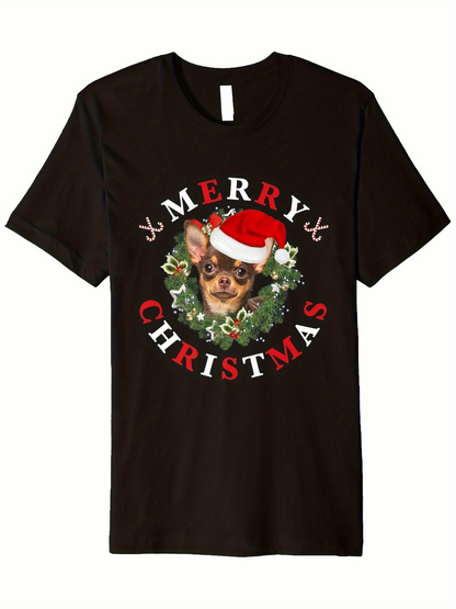 Men's Graphic T-Shirt Merry Christmas Festive Wreath With Santa Hat Wearing Funny Chihuahua Dog