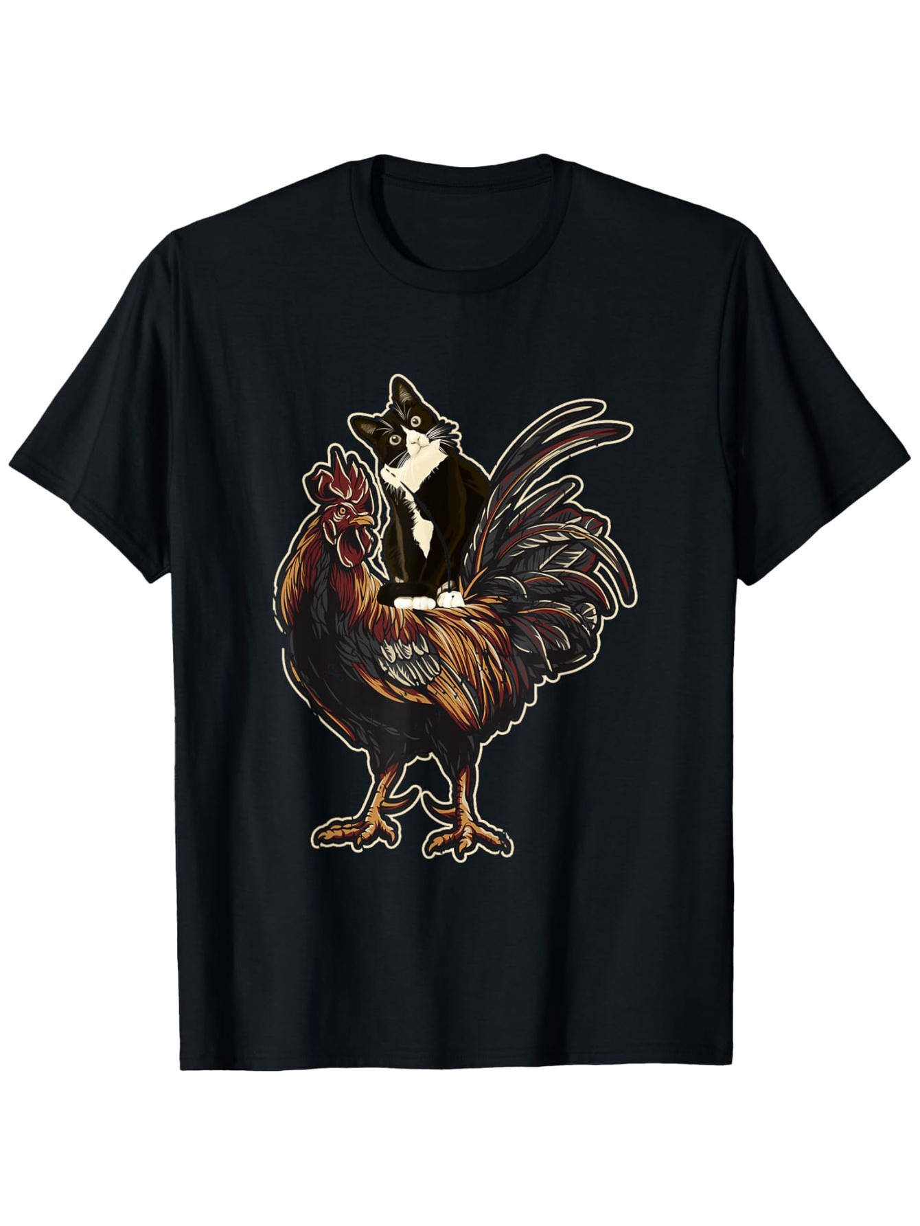 Men's Graphic T-Shirt Quirky Illustration Featuring Black Cat Riding Brave Rooster Among Feathers Chicken