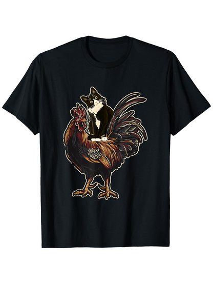 Men's Graphic T-Shirt Quirky Illustration Featuring Black Cat Riding Brave Rooster Among Feathers Chicken