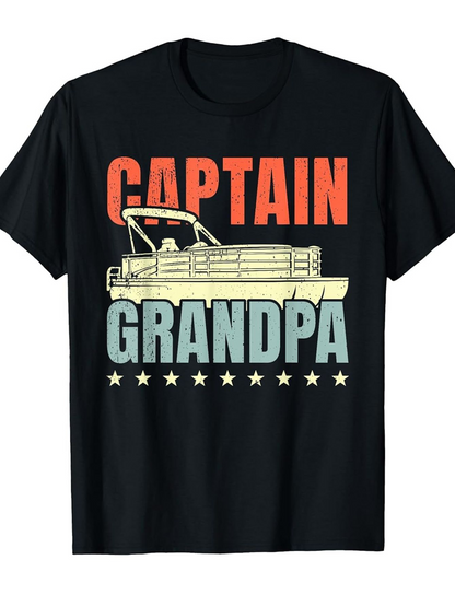 Men's Graphic T-Shirt Captain Grandpa With Vintage Pontoon Boat Under Rustic Bold Letters