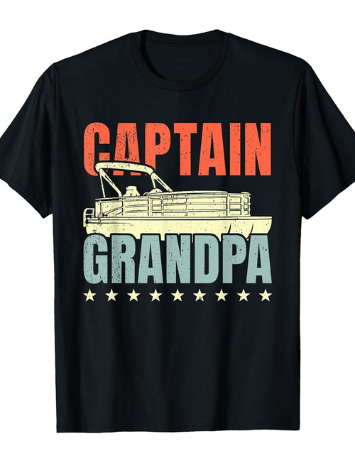 Men's Graphic T-Shirt Captain Grandpa With Vintage Pontoon Boat Under Rustic Bold Letters
